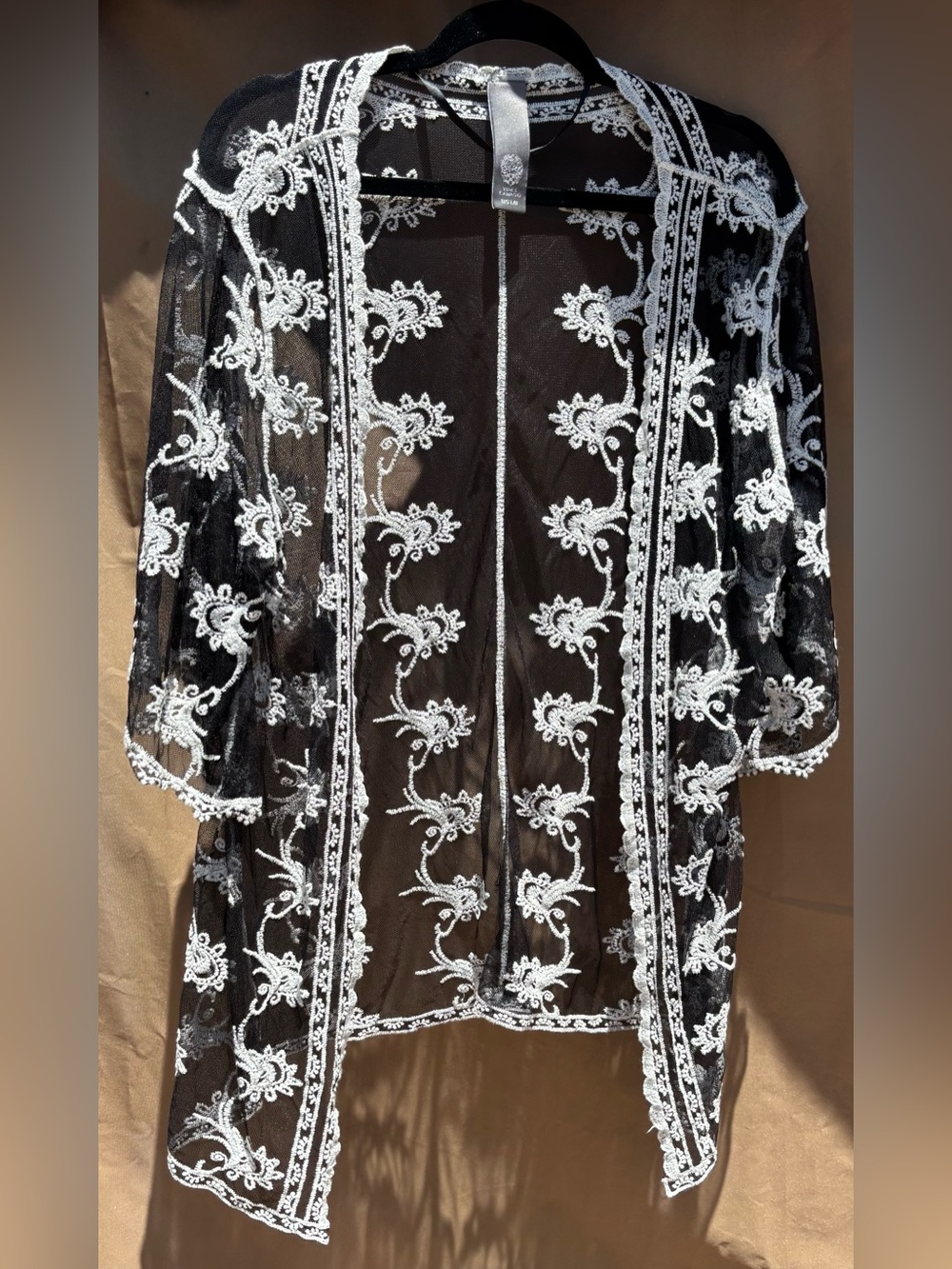 Vince Camuto Black Sheer Kimono with White Lace Embroidery